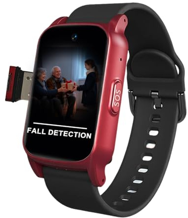 VCYEX Reloj Inteligente para Mayores con Detección De Caídas Reloj Localizador Personas Mayores Botón SOS Videollamadas SmartwatchRed,1.25 * 0.57 * 2.22inch