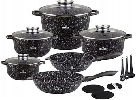 ZILNER Lot de 17 Casseroles et Poêles, Revêtement Marbre et Céramique, Noir | Couvercles en verre, antiadhésif durable, tous feux dont induction, gaz, électrique, vitrocéramique
