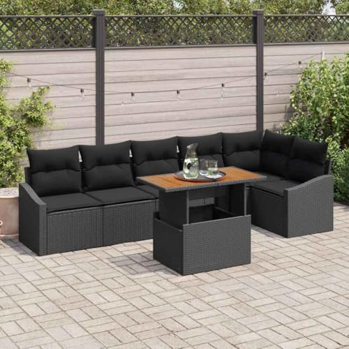Runheo Ensemble mobilier Jardin 7 pcs Noir et Marron en Poly rotin avec Coussins modulables, fauteuils banquettes d'angle, Table Bois Acacia pour terrasse Balcon Patio extérieur détente