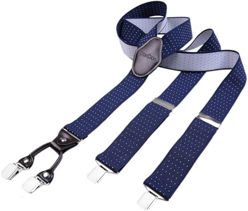 DonDon Tirantes hombre anchos 3,5 cm con 4 clips extra fuertes tirantes para pantalones hombre y parche de cuero marrón azul obscuro blanco con lunares
