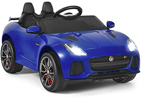 GOPLUS Elbil Jaguar, 12 V barnbil med 2,4 Ghz fjärrkontroll, mjuk start, LED-ljus, tupe, musik, säkerhetsbälte, 3–5 km/h, barnfordon för barn från 3 år upp till 25 kg (blå)