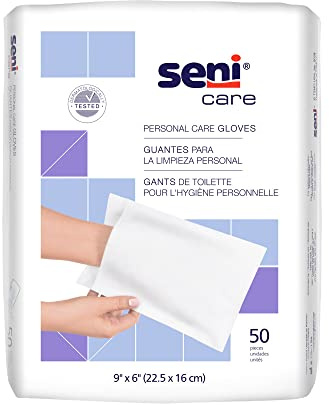 Seni Care Wash Mitt, 6 x 9 White Disposable Personal Care Gloves for Skin Cleansing, 50 Count (1 Pack of 50)