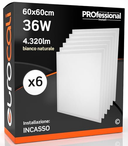 Eurocali 6x Pannelli LED 36W 60x60cm 4320 lumen - Luce Bianco Naturale 4000K - Fascio Luminoso 110°