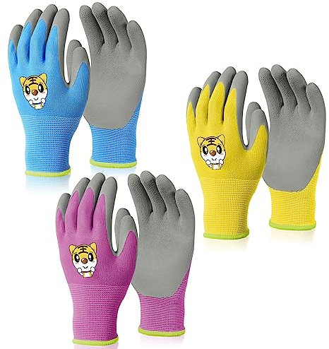 OSDUE 3 Paar Kinder Arbeitshandschuhe, Gartenhandschuhe Kinder, Schutzhandschuhe Handschuhe mit Handflächenbeschichtung, Wasser- und staubdicht, für 3–5 Jahre