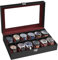 SONGMICS Uhrenbox mit 12 Fächern, Uhrenkasten mit Glasdeckel, Uhrenkoffer mit herausnehmbaren Uhrenkissen, Premium-Uhrenschatulle, PU-Bezug in Schwarz, Samtfutter in Weinrot JWB120R01