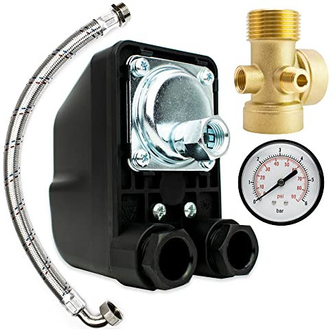 Hauswasserwerk Druckschalter SET 4 Tlg. 1/4 IG Überwurfmutter + Manometer + 5 Wege Verteiler + Flexschlauch - Made in Italy - Pumpensteuerung Druckwächter Wasserpumpen Brunnenpumpen - AM-PM5IG-4