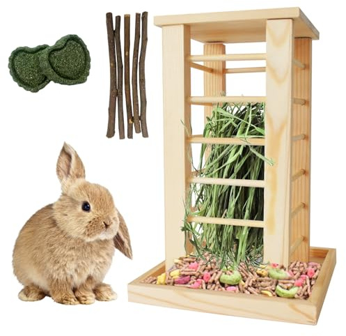 kathson Rabbit Wooden Hay Feeder,Wooden Rabbit Hay Rack Less Wasted Guinea Pig Hay Holder Wood Small Animal Hay Feeder Self Standing Cage Accessories for Chinchillas Hamsters Bunny