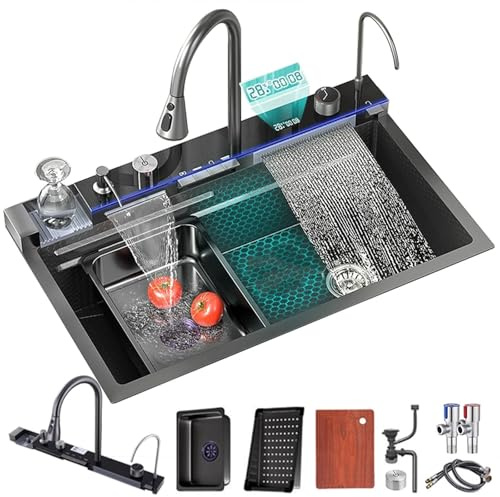 FIVIXIL Fregadero de cocina 80 * 46cm Fregadero digital en cascada Whale Grifería multifunción con lavavasos, dispensador de jabón, caño en cascada Flying Rain, control de mesa, etc
