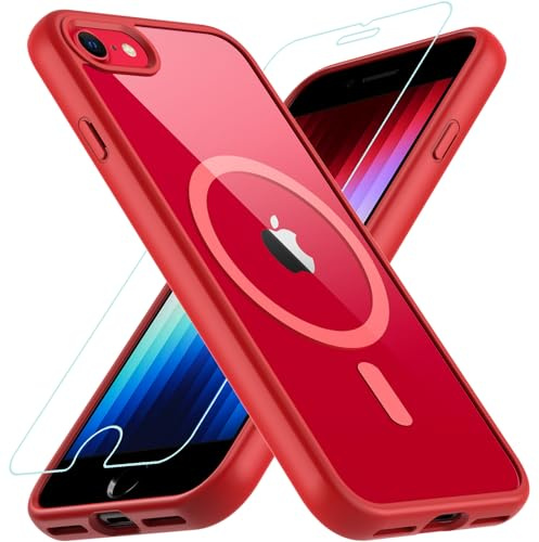 OWKEY Hülle für iPhone SE 2020/2022 (iPhone SE 2/3), iPhone 8/iPhone 7, Magnetisch Schutzhülle für MagSafe mit 9H Schutzglas, Transparent Rückseite Case Handyhülle für iPhone 8/7/6S/6 (Rot)