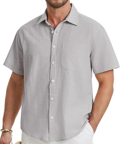 HISDERN Chemise en Lin Homme Été Casual Business Chemise Manches Courtes Classique Été Leger Plage Confortable Chemises Regular Fit Gris 3XL