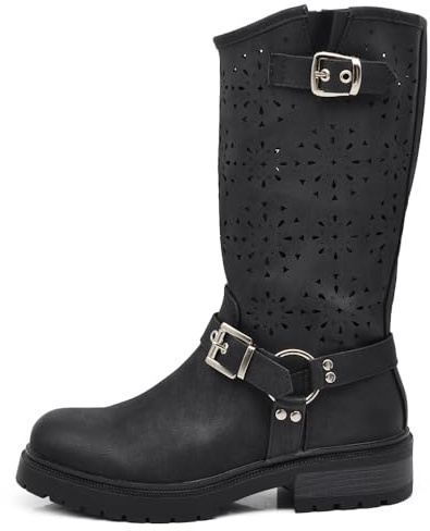 IF Fashion Scarpe da Donna Stivali Primaverili Estivi Traforati Alla Caviglia Biker Motociclista Con Fibbia WZ688-62 nero N.36