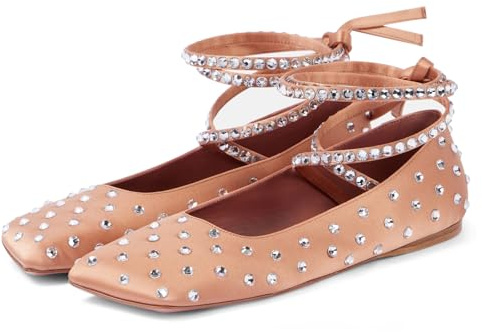 MIRAAZZURRA Ballerine, ballerine da donna, ballerine con strass, punta quadrata, ballerine per il tempo libero, moda, casual, business, lavoro, beige., 38 EU