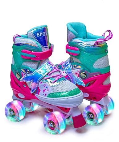 Scale Sports Kids Roller Skates for Girls Toddler Adjustable Roller Skate Children Beginners Skates for Girls Mermaid Inspired with Light Up Wheels for Outdoor Sports (Mint-Pink, М UK 12-2)