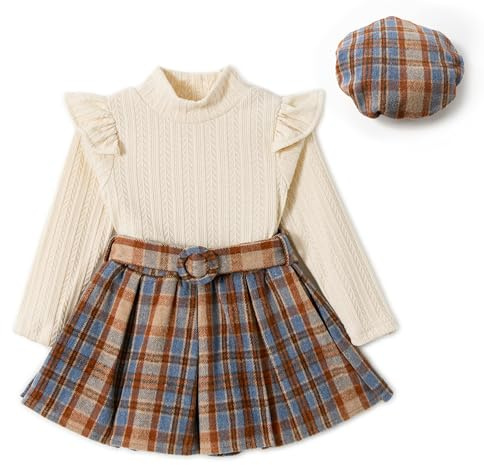 Miipat Baby flicka kläder set småbarn flickor kläder set långa ärmar tröjor toppar med minikjol set höst vinter kläder flickor klänningar, Beige Pleat, 5-6 Jahre