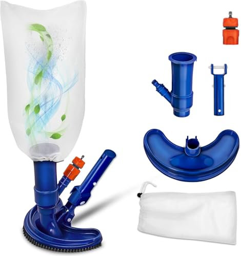 Pool Bodensauger Set, Tragbarer Jet Vacuum Head Pool Staubsauger mit Teleskopstange und Saugbürste Auffangsack, Pool Reinigungsset mit Scheuerbürste und Skimmernetz für Blätter Schmutz Sand Schlamm