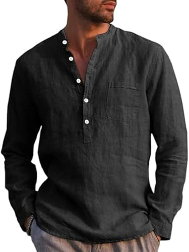 Runcati Camicia da uomo in lino, a maniche lunghe, in cotone, per il tempo libero, vestibilità normale, da spiaggia, Nero , XL