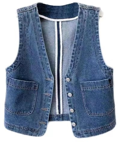 Generisk dam jeansväst ärmlös stora storlekar fritidsväst sommar jeansjacka kort bikerväst med v-ringad motorcykelväst med fickor arbetsväst vintage jeansväst lös denimjacka, blå, 4XL