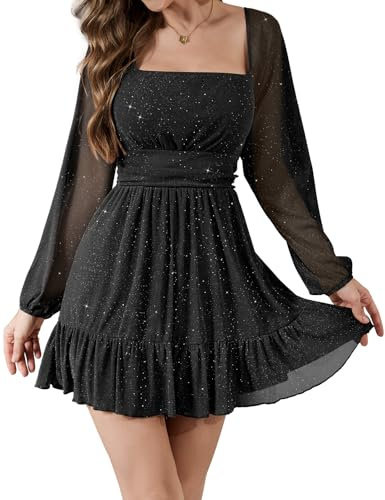 Bridesmay Glitter Cocktail Dresses for Women Wedding Guest,Square Neck Mesh Long Sleeve Black Short Homecoming Dress (Black,XL)