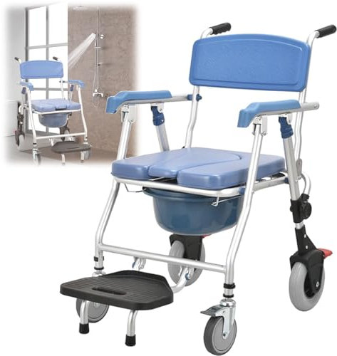 SULQING Foldable Commode Toilet Chair Bedside Commode Chair Shower Commode Wheelchair Shower Chair with Wheels for Elderly Commode Portable Toilet Shower Chair On Wheels