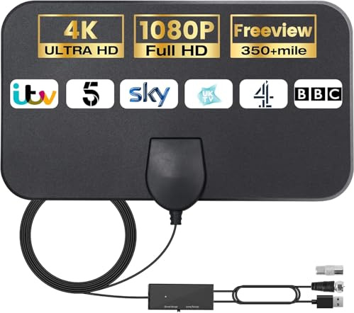 2025 Indoor TV Aerial - Digital Aerial with Booster 350+ Long Range Reception for Freeview TV Support 4K 1080P HDTV & 5M Coax Cable (Tablet)