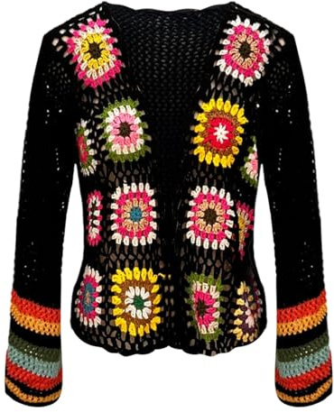 Giacca all'uncinetto Boemia da Donna Maglione a Maniche Lunghe con Pizzo Tessuto a Mano etnico Arcobaleno Top Aperto per il Tempo Libero Cardigan Casual ed Elegante