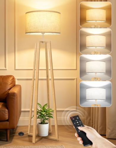 OUTON Lámpara de Pie Trípode de Madera con Mando a Distancia y Regulación