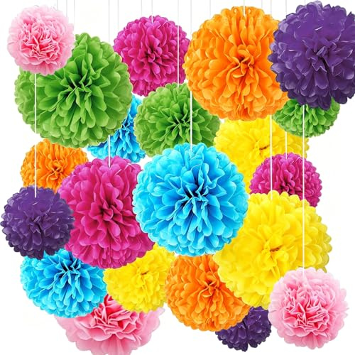 TENGWA 21 Piezas Pompones Multicolor Decoracion 7 Colores Multicolor Flores Pompom Flores de Papel Ideal para Cumpleaños Bodas Baby Showers Carnavales Fiestas de Solteros
