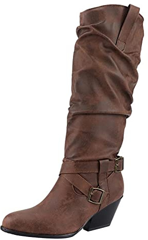 Cowboystövlar dam medeltida hög medeltida skor blockklack knästövlar | Västerländska stövlar dam med klack riddare stövlar med spänne halvstövlar vintage cowboyboots vidare skaft slip-stövlar