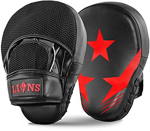 Lions Star Boxing Pads - Premium Rex Leather Kickboxing Pads Hook and Jabs Mitts Punch Bag Training Punching Boxing Mitts, Ideal for MMA Martial Arts Sparring Training, Men Women Adults (Red)