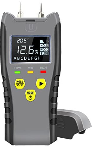 Holzfeuchtemessgerät – Digitaler Feuchtigkeitsdetektor mit Stift, Wasserlecksensor mit hintergrundbeleuchtetem VA-Display und 3 Farb-LEDs für Holz, Brennholz, Ziegel, Trockenbau, Papier, Boden, Putz
