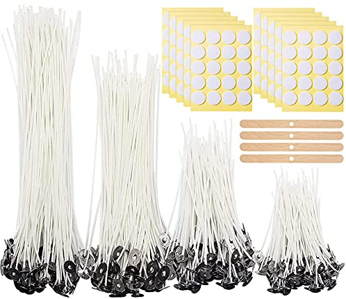 JEMESI Stoppini Candela, 200Pezzi 4 Diverse Dimensioni (5/9/15/20 cm) con 4 Pezzi di Porta Stoppino Fisso e 200 Adesivi stoppino a Punti su Due Lati per Candela Fabricazione