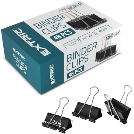 Binder Clips - 48 Medium Binder Clips, 1.25 Inch Black Paper Clamps, File Clip for Home, Office and School Supplies