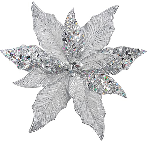 Oairse Stor julstjärna, glitterblommor, 30 cm (12 tum) konstgjorda julblommor med lång stjälk, blomdekorationer för julgran, bröllop, nyår, halloween, prydnader, guld, 4 stycken