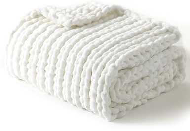 YnM Tjock filt, medelvikt, handstickad med Chenielle-garn, hudvänlig, ventilerad och andningsbar, maskintvättbar, heminredning för soffa, soffa och säng (vit, 102 x 127 cm)