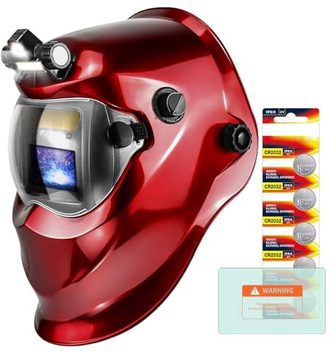 TRQWH Welding Hood Auto Darkening Welding Helmet Solar Powered True Color 1/1/1/2 Top Optical Clarity Welding Mask 2 Arc Sensor Wide Shade 9-13 Welder Helmet with Grinding Cut for MIG TIG ARC (Red)
