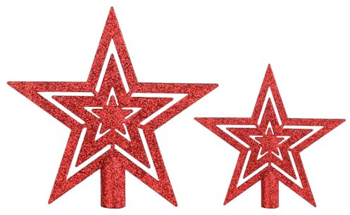 VEYLIN Christmas Tree Topper,2PCS Red Glittered Star Christmas Tree Topper Star Tree Topper for Christmas Tree Ornament(10+15CM）