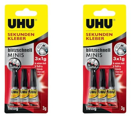UHU Sekundenkleber blitzschnell Minis flüssig, 3x original versiegelte Tuben Sekundenkleber, 3 x 1 g (Packung mit 2)