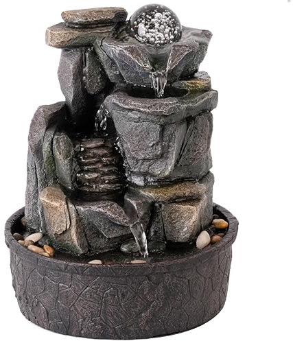 LEOM Indoor Fountain with Rolling Ball LED Lights, Tabletop Fountain Waterfall Feature, Indoor Waterfall Sound, Zen Relaxation, Natural Humidifier, Home Decor, 25cm Tall