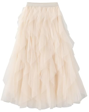 Kimily-UK Femmes Tulle Jupe Stretch Bandoulière Longue Multicouche Plissée Maille Moelleuse A-Ligne Princesse Élégante Vintage Party Maxi