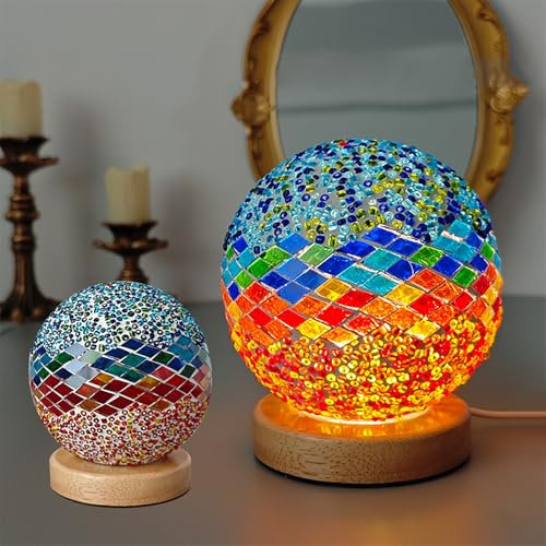 Julyue Turkish Table Lamp, Dimmable Moroccan Lamp with Wooden Base, Glass Mosaic Ball Lights, Bohemian Style Bedside Lamps, USB Powered Mosaic Night Light for Hmoe Bedroom Decor