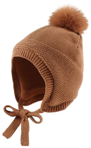 XIAOHAWANG Caldo Earflap Beanie per Bambini - Cappello Invernale con Pom Pom e Pile per Ragazzi e Ragazze (6-24 Mesi, Cioccolato)