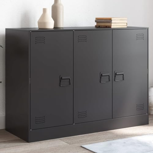 IKAYAA Armario de almacenamiento de metal con 3 puertas, armario de metal de acero, aparador de buffet para el hogar, oficina, entrada, cocina, sala de estar, 99 x 39 x 73 cm, acero negro
