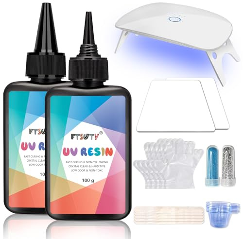 UV Resin Kit with Light - Hard Type Crystal Clear UV Epoxy Resin for Jewelry Making & Craft, Fast-Curing Low Odor Starter Kit with UV Lamp, 200g