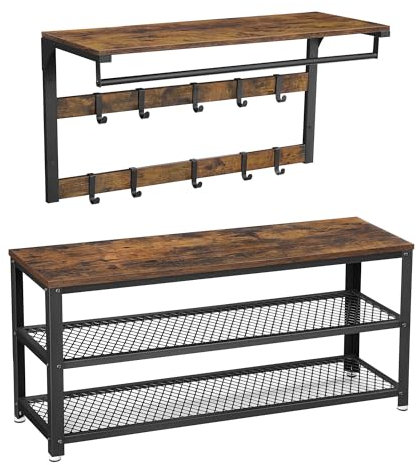 VASAGLE Wandgarderobe, Schuhbank, Wandregal mit Ablage und 10 Haken, Schuhregal mit 3 Ebenen, Aufbewahrung, Metallgestell, Flur, Eingangsbereich, Industrie-Design, vintagebraun-schwarz LCR178K01