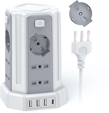 Ciabatta Elettrica Multipresa 2 metro con 12 Prese Universali 10/16A ITA e Schuko e 3 USB A+1 USB C protezione Sovratensione con 4 interruttori indipendenti, Bianco