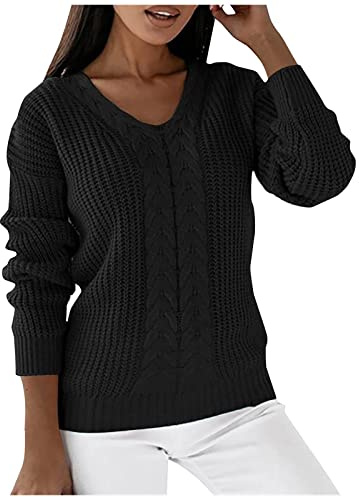 pull femme chic et elegant col v casual pull grosse maille hiver chaud et doux pullover tricoté torsadé à la mode chandail manche longue thermique quotidien couleur unie ideal pull-over (Black, M)