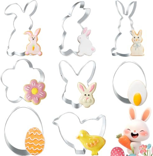 Pascua cortador de galletas,8 piezas de acero inoxidable Pascua conejito cortador de galletas Pascua cortador de galletas para hornear niños Pascua conejito, pollito, cabeza de conejo, huevo, flor