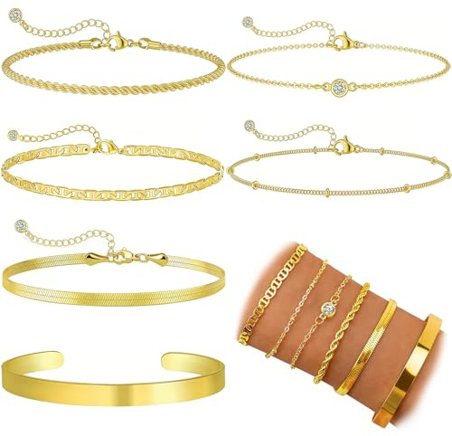 6Pcs Gold Bracelet for Women, 14K Gold Plated Stacking Bracelets Rope Cuban Figaro Herringbone Bead Chain Bracelets Adjustable CZ Link Charm Bracelet Set with Pe Film Jewelry Box for Women Girls