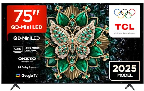 TCL 75C6K 75 QD-Mini LED TV, 4K HDR Premium 1000nits, Smart TV con tecnologia Google TV (Dolby Vision IQ e Atmos, sistema audio Onkyo 2.1, Motion Clarity Pro a 144 Hz, Game Master)