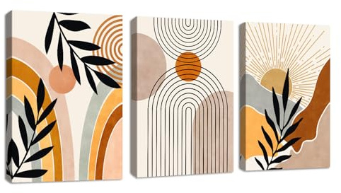 3Pcs Quadri Boho Piante solari dalle linee geometriche Stampa su Tela Con Cornice Quadro Estetica arancione botanica pittura su tela poster da parete Decor Murale Soggiorno Camera da letto 30x40cmx3